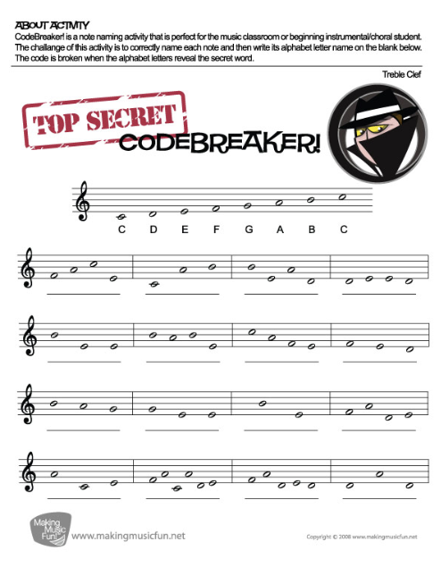 CodeBreaker! | Music Theory Worksheet - Treble Clef Note Names Worksheet