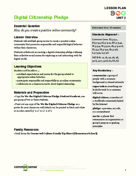 Digital Citizenship Pledge Lesson Plan