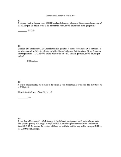 Dimensional Analysis Worksheet Worksheet