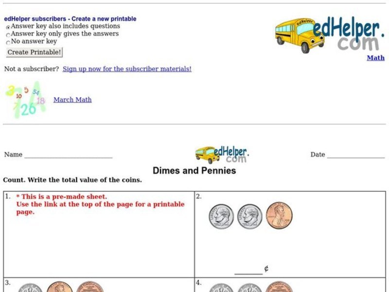Dimes and Pennies Worksheet