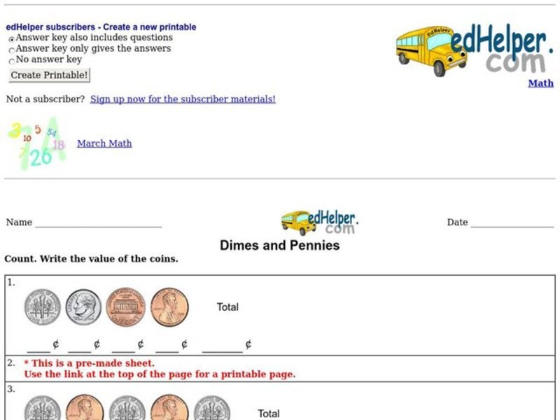 Dimes and Pennies Worksheet