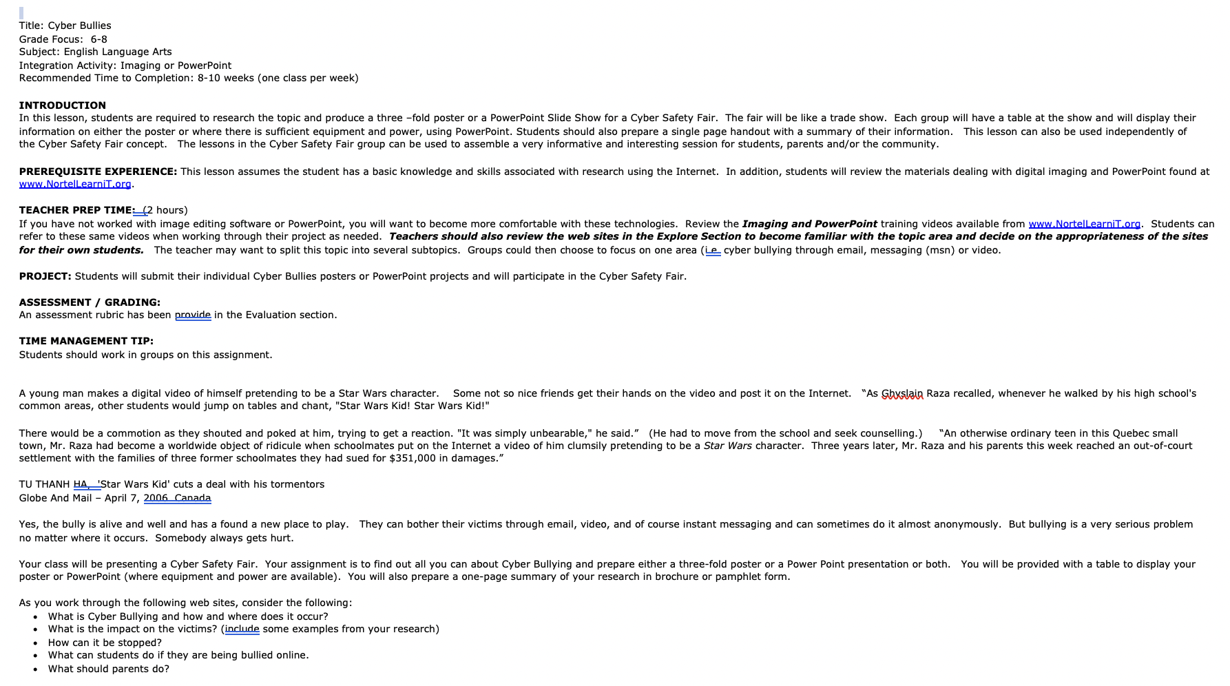 Cyber Bullies Lesson Plan