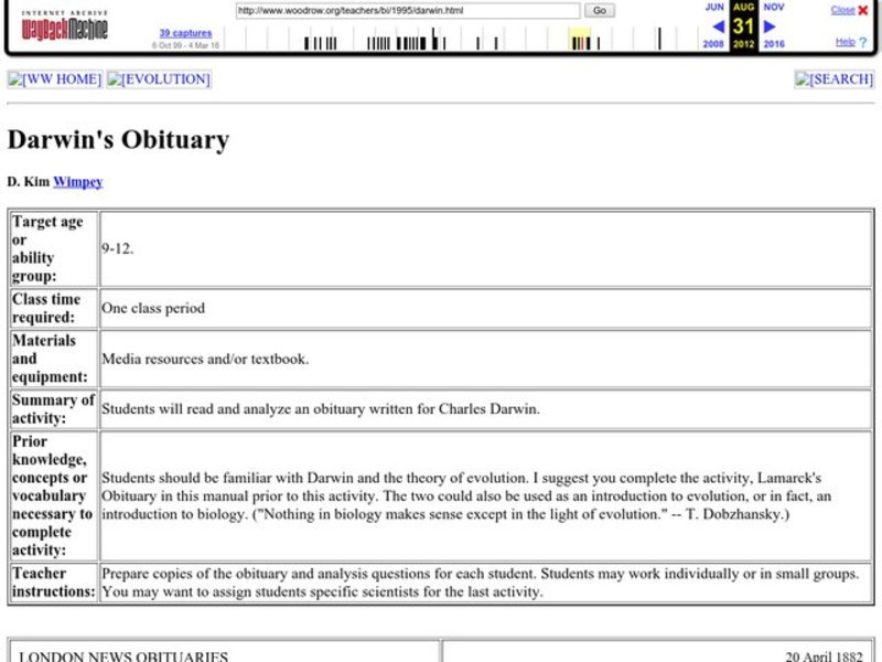 Darwin's Obituary Lesson Plan