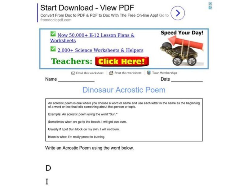 Dinosaur Acrostic Poem Worksheet