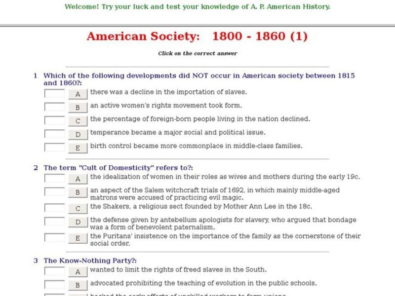 American Society:   1800 - 1860 (1) Interactive