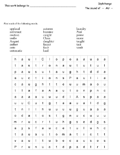 Diphthongs Word Search Worksheet