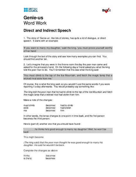 Direct and Indirect Speech Worksheet