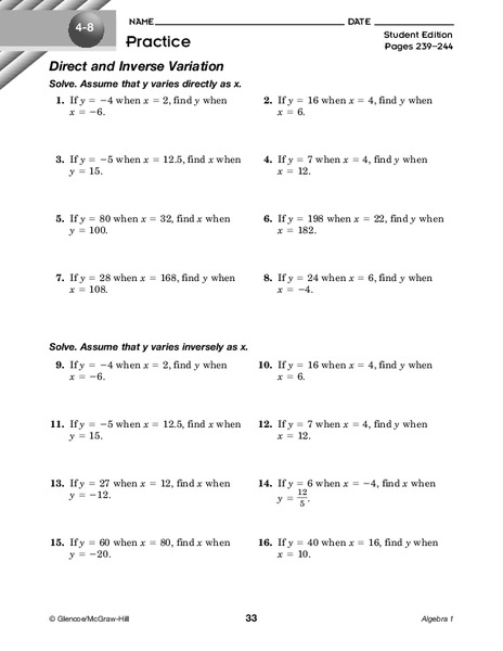 Direct and Inverse Variation Worksheet