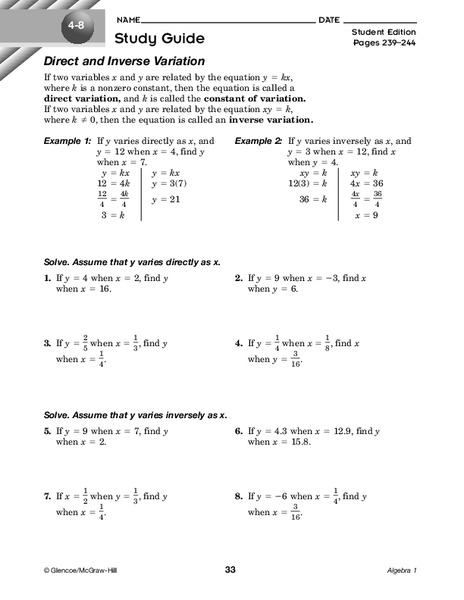 Direct and Inverse Variation Worksheet