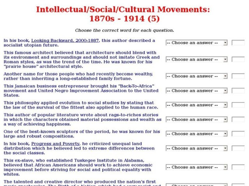 Intellectual/Social/Cultural Movements: 1870s - 1914 (5) Interactive
