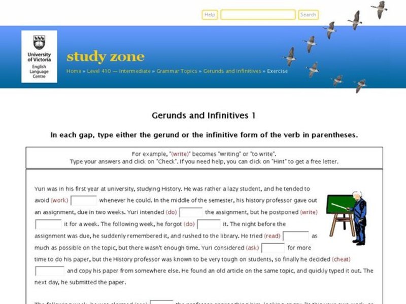 Cloze Exercise:  Gerunds and Infinitives Interactive