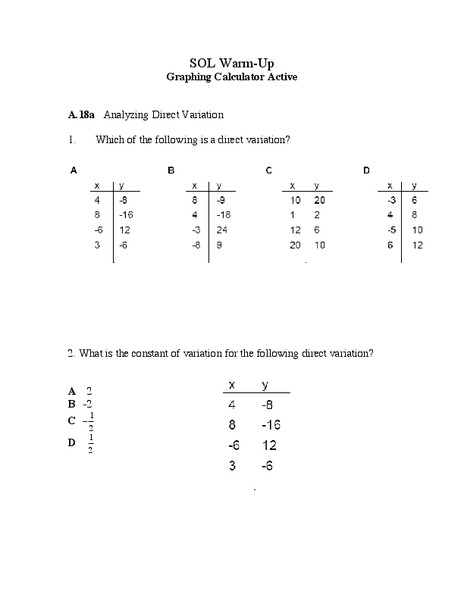 Direct Variation Worksheet