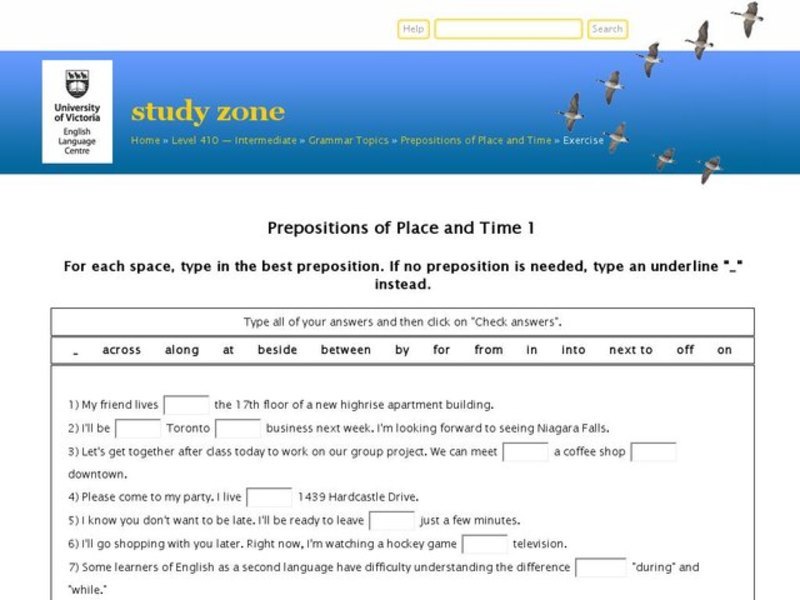Prepositions of Place and Time 1 Interactive