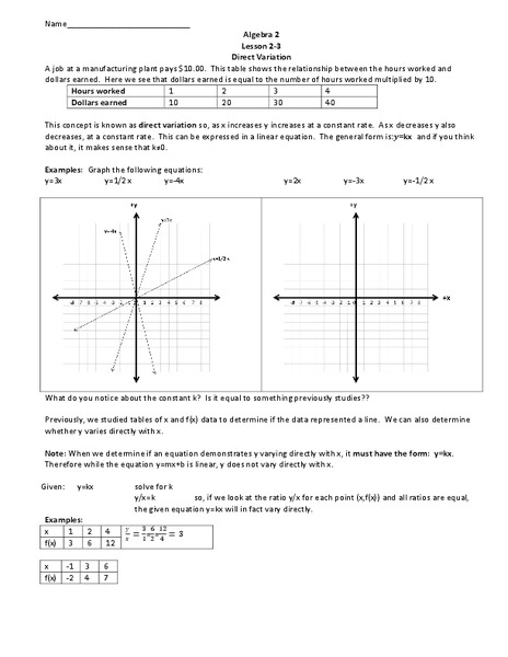 Direct Variation Worksheet