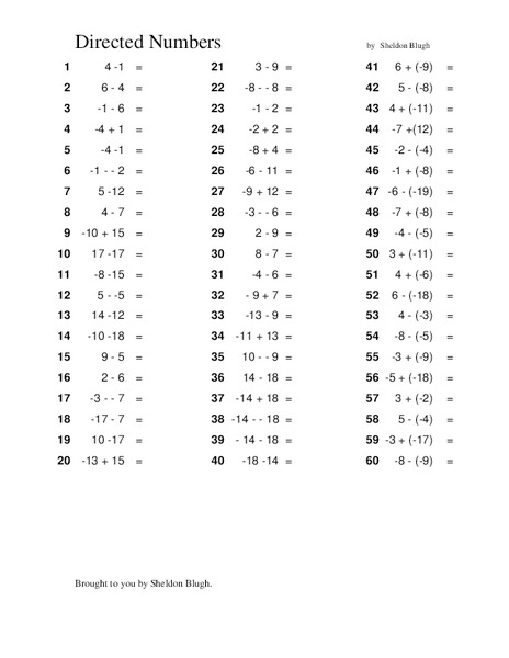 Directed Numbers Worksheet