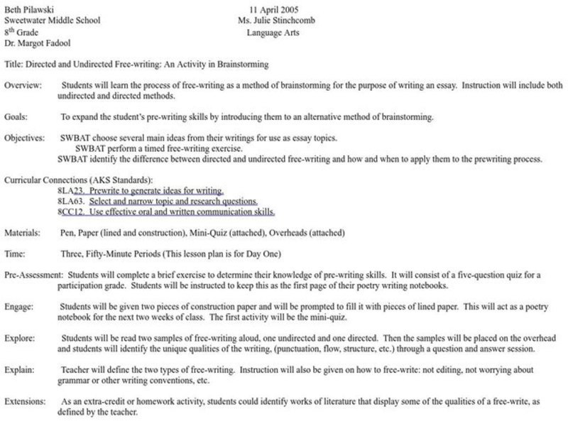 Directed and Undirected Free-writing: An Activity in Brainstorming Lesson Plan