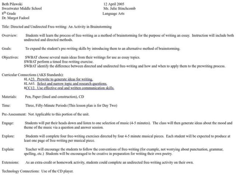 Directed and Undirected Free-writing: An Activity in Brainstorming Lesson Plan