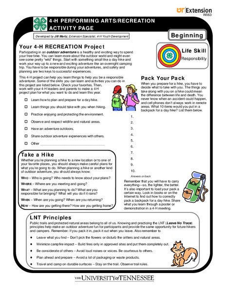 4-H Performing Arts/Recreation Activity Page Worksheet