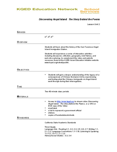 Discovering Angel Island: The Story Behind the Poems Lesson Plan