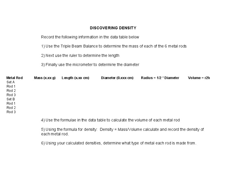 Discovering Density Worksheet