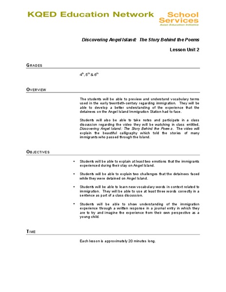 Discovering Angel Island: The Story Behind the Poems Lesson Plan