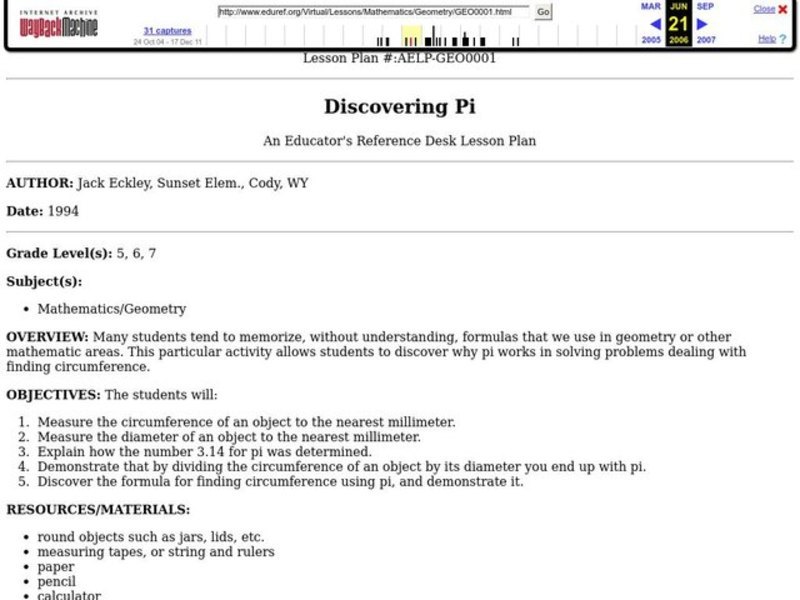 Discovering pi Lesson Plan