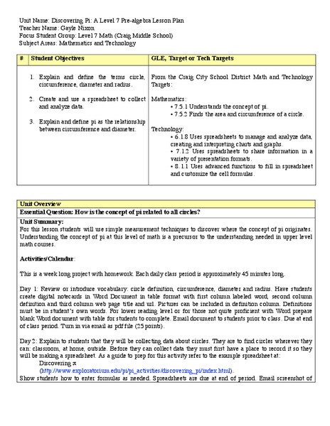 Discovering Pi Lesson Plan