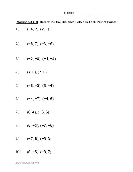 Distance between points Worksheet