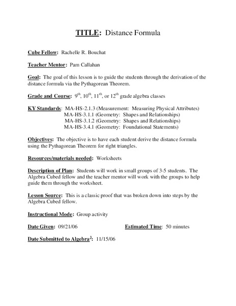 Distance Formula Lesson Plan