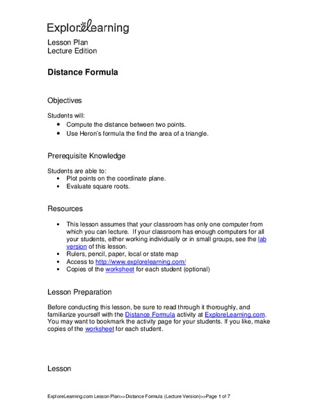 Distance Formula Lesson Plan