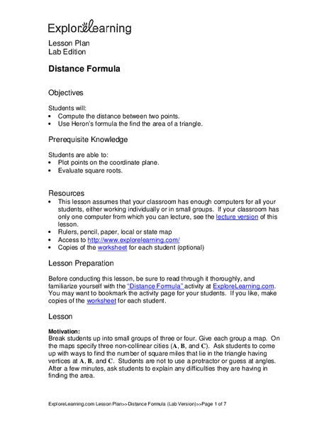 Distance Formula Lesson Plan