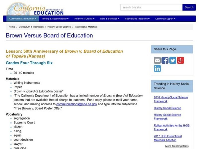 50th Anniversary of Brown v. Board of Education Lesson Plan