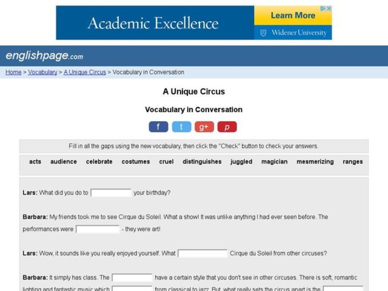 A Unique Circus: Vocabulary Skills Interactive