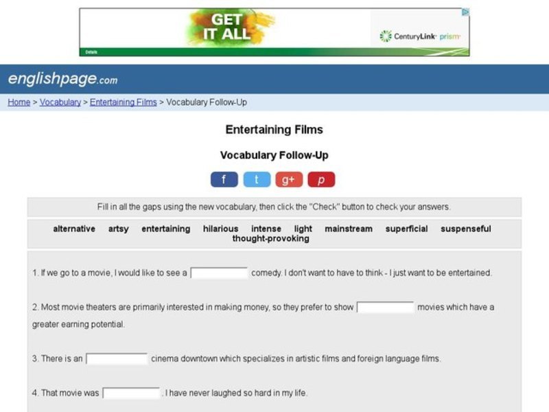 Entertaining Films: Vocabulary Skills Interactive