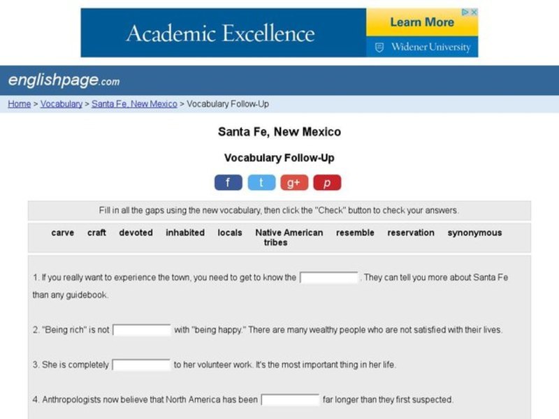 Santa Fe, New Mexico: Vocabulary Follow-Up Interactive