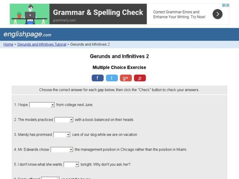 Gerunds and Infinitives 2 Interactive
