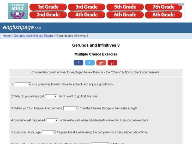 Gerunds and Infinitives 8 Interactive