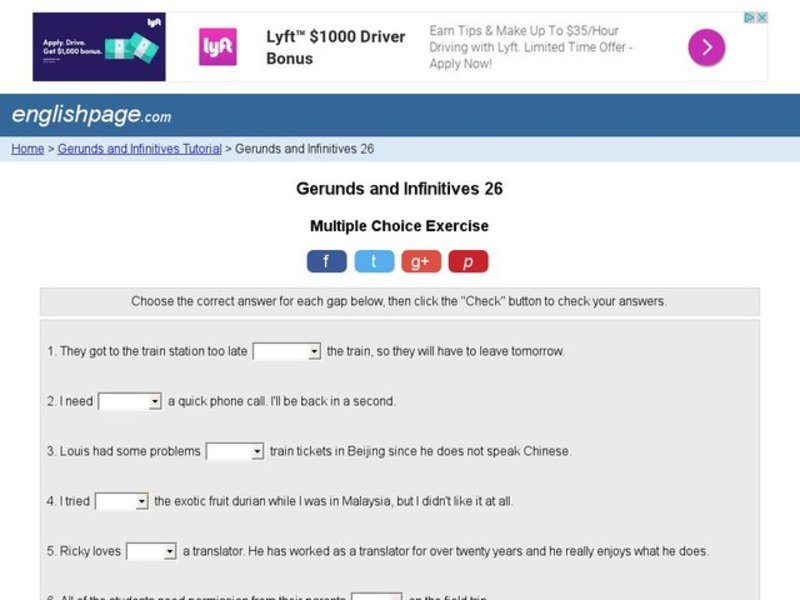 Gerunds and Infinitives 26 Interactive