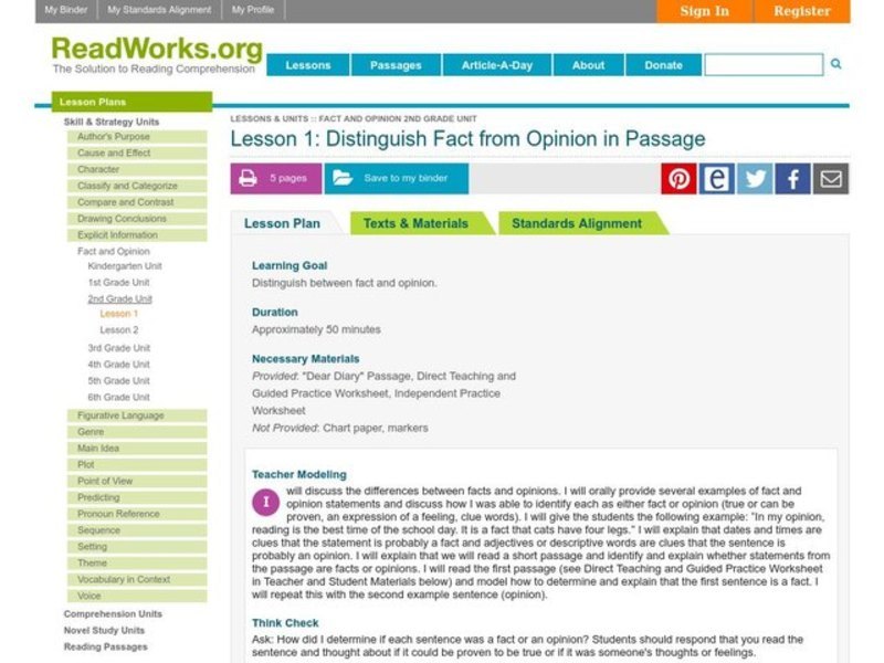 Distinguish Fact from Opinion in Passage Lesson Plan
