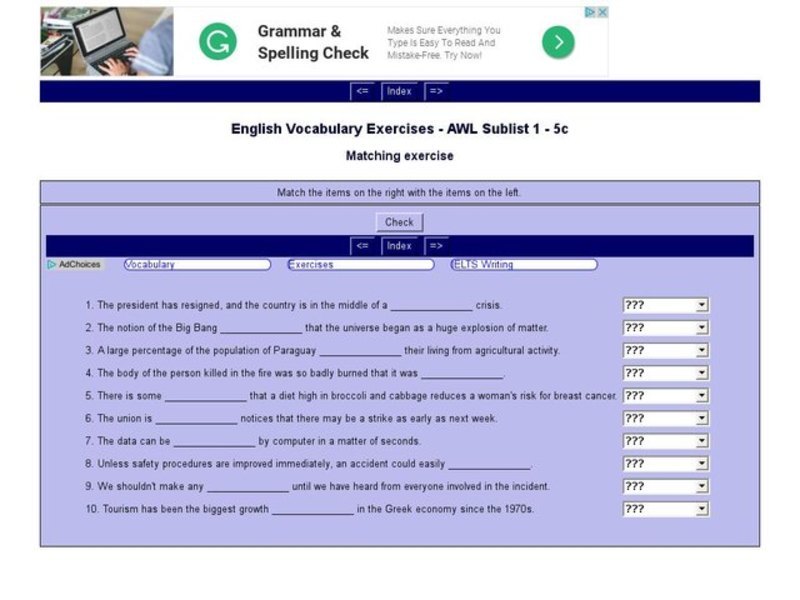 English Vocabulary Skills: AWL Sublist 1 - Exercise 5c Interactive
