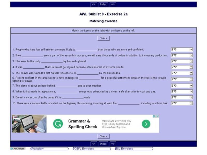 English Vocabulary Skills: AWL Sublist 8 - Exercise 2a Interactive