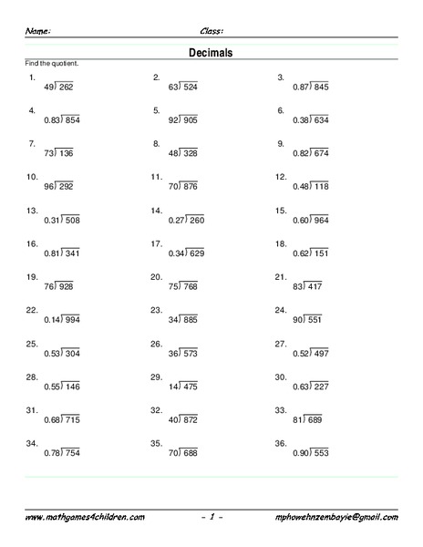 Divide Decimals Worksheet