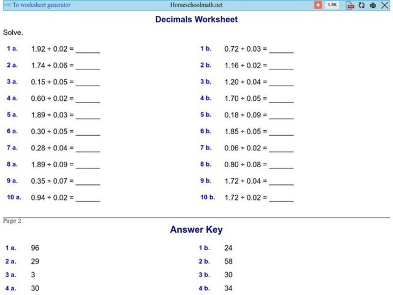 Divide Decimals Worksheet