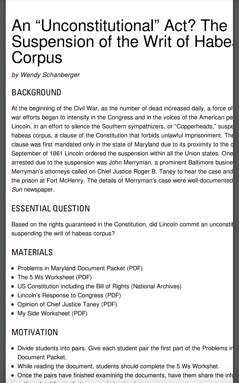 An "Unconstitutional" Act? The Suspension of the Writ of Habeas Corpus Lesson Plan