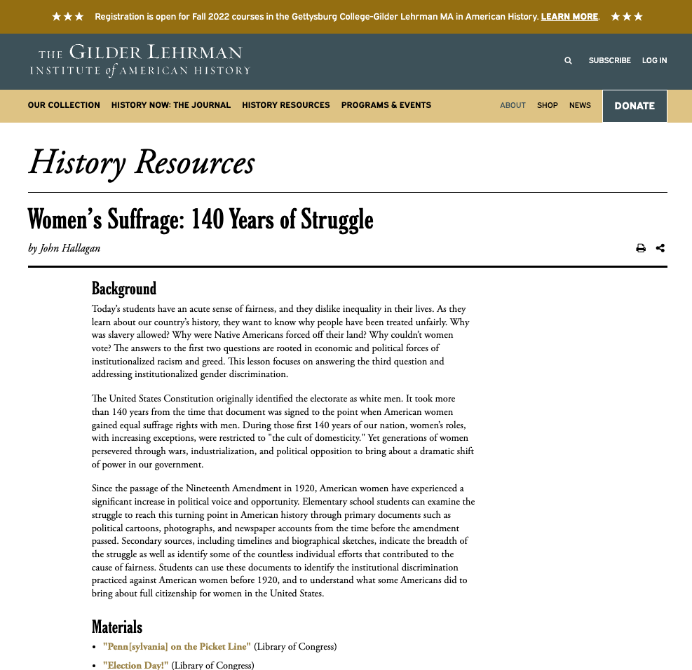 Women's Suffrage: 140 Years of Struggle Lesson Plan