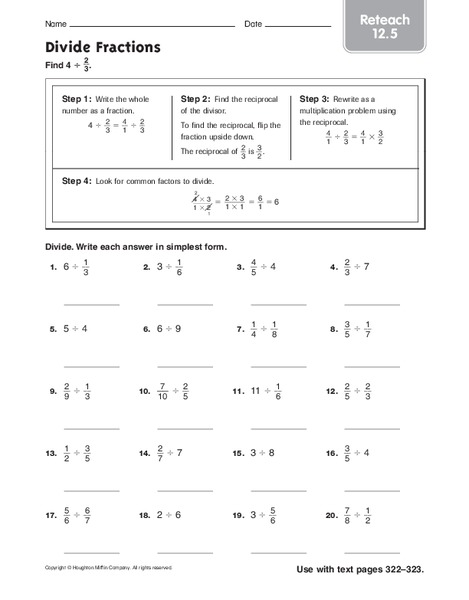 Divide Fractions: Reteach Worksheet