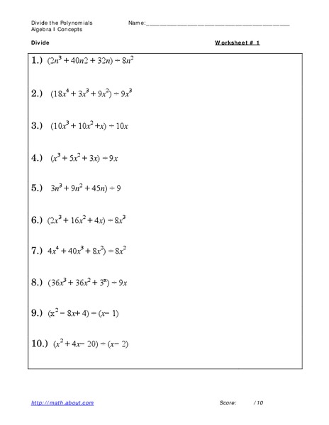 Divide Polynomials Worksheet