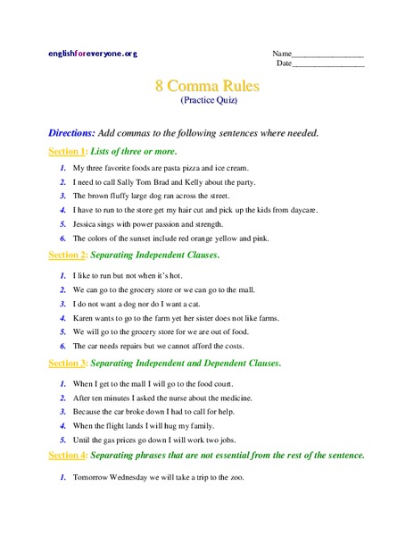 8 Comma Rules Worksheet