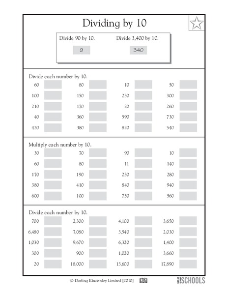 Dividing by 10 Worksheet