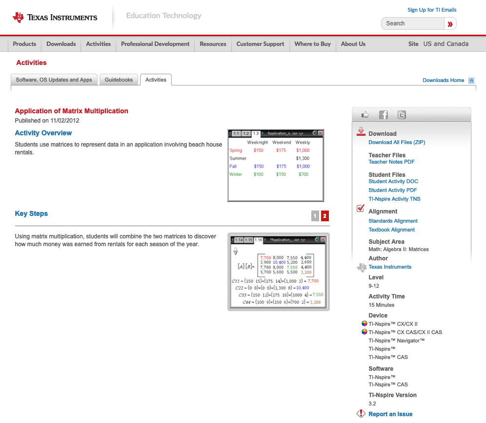 Application of Matrix Multiplication Lesson Plan